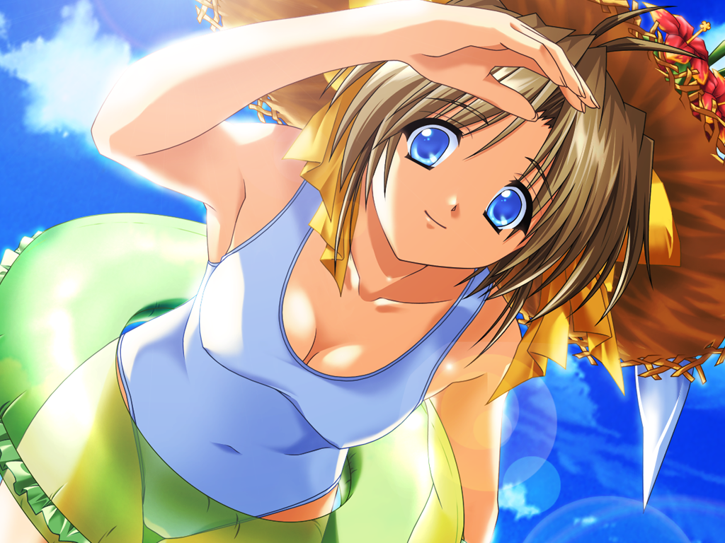 akino_takehiko arm_up backlighting blue_eyes bow breasts brown_hair cleavage cloud collarbone covered_navel covered_nipples day dutch_angle flower hat hat_flower hibiscus innertube katase_yuki leaning_forward lens_flare medium_breasts mizuiro one-piece_swimsuit sky smile solo straw_hat swimsuit transparent yellow_bow
