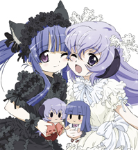 blue_hair character_doll dress furude_rika hanyuu higurashi_no_naku_koro_ni horns lowres multiple_girls purple_hair sakai_kyuuta smile stuffed_toy