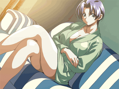animated animated_gif blue_eyes breasts cleavage crossed_legs green_(game) large_breasts lowres purple_hair robe short_hair sitting solo takahashi_kanako