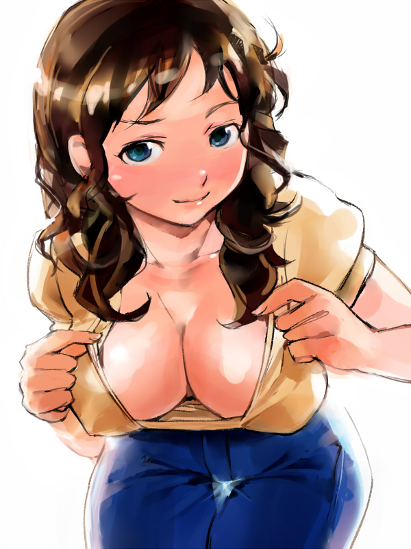 blue_eyes blush breasts brown_hair cleavage curly_hair denim downblouse igarasy jeans large_breasts leaning_forward long_hair original pants solo