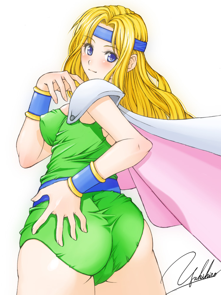 armor ass bad_id bad_pixiv_id belt blonde_hair blue_eyes blue_headband blush breasts cameltoe cape celes_chere covered_nipples cowboy_shot final_fantasy final_fantasy_vi from_behind green_leotard hand_on_ass headband leotard light_smile long_hair looking_at_viewer looking_back medium_breasts pauldrons sideboob signature simple_background smile solo taut_clothes thighs vambraces white_background yukihiro