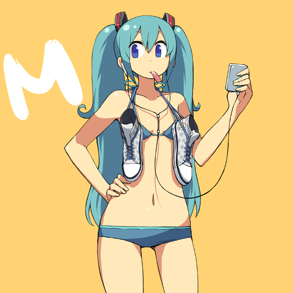 bikini blue_hair chan_co converse cowboy_shot digital_media_player earbuds earphones flat_chest hand_on_hip hatsune_miku long_hair lowleg lowleg_bikini mouth_hold navel orange_background shoes shoes_around_neck sneakers solo swimsuit twintails vocaloid