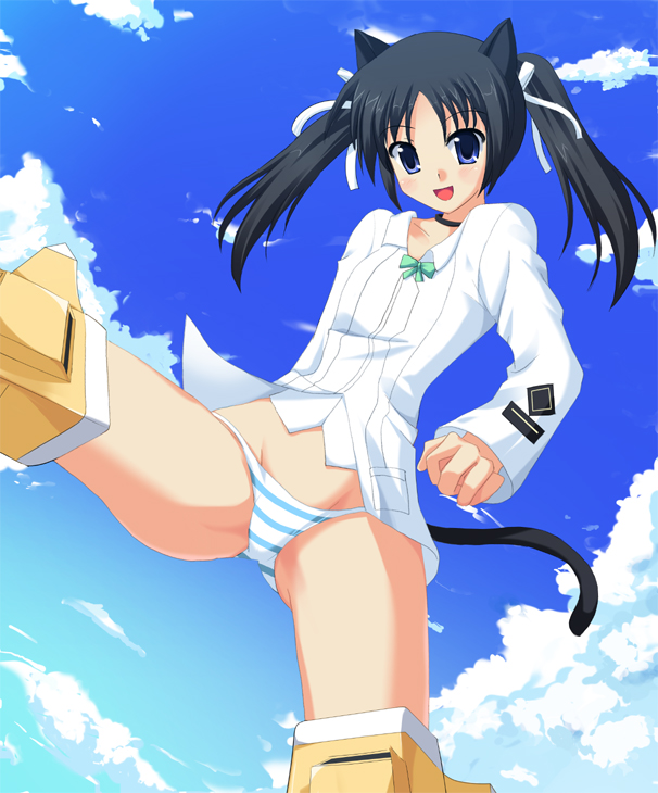 black_hair flying francesca_lucchini odayan panties short_hair solo strike_witches striped striped_panties tail twintails underwear world_witches_series