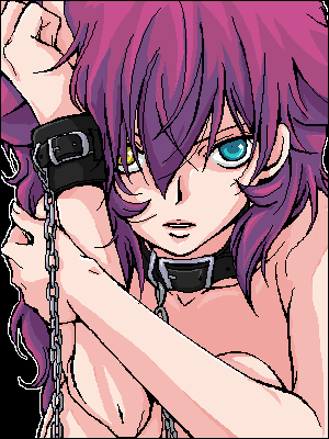 bdsm bondage bound chains collar heterochromia loveless lowres male male_focus purple_hair sagan_natsuo