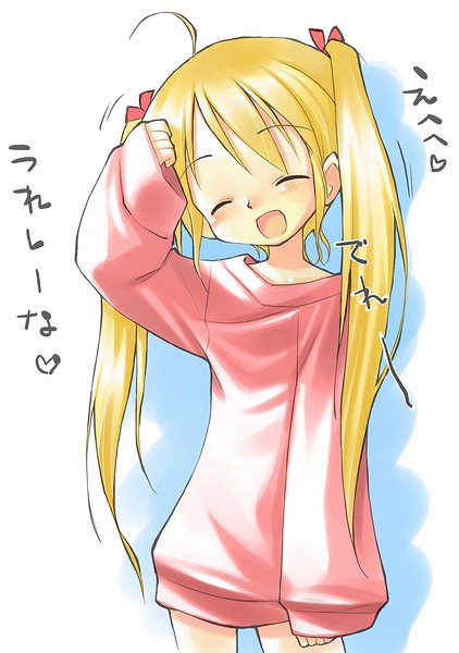 ^_^ blonde_hair child closed_eyes copyright_request open_mouth oversized_clothes solo sweater tatata translated twintails