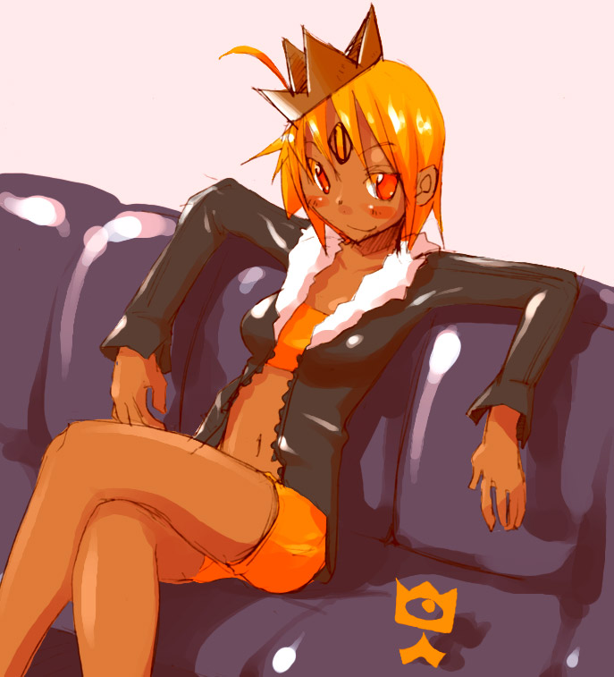 crossed_legs crown dark_skin heatheads masha meteos orange_eyes orange_hair personification sitting solo