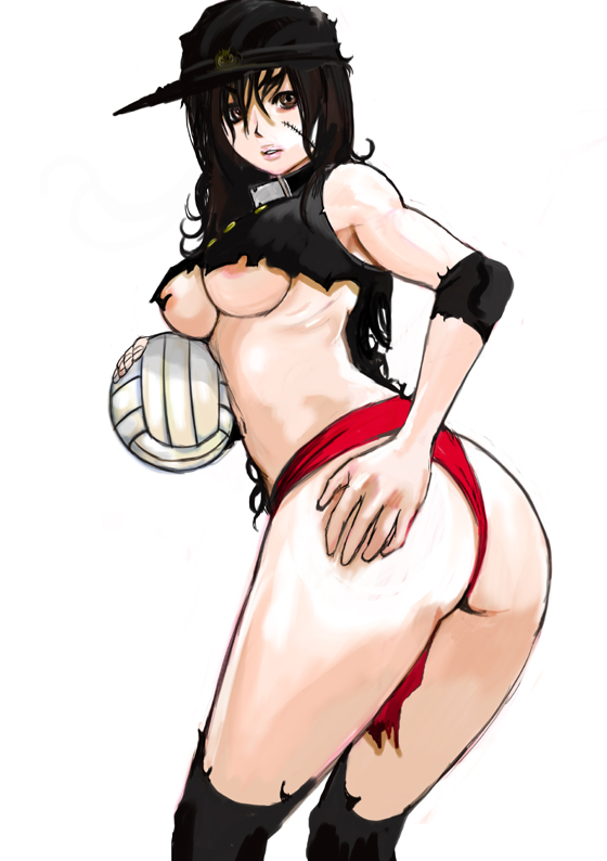 areola_slip areolae ass black_hair breasts delinquent elbow_pads fundoshi japanese_clothes kazaana large_breasts long_hair original red_eyes solo stitches thighhighs torn_clothes underboob visor_cap volleyball