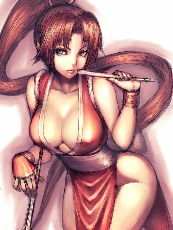 breasts brown_eyes brown_hair cleavage closed_fan fan fatal_fury folding_fan fumio_(rsqkr) japanese_clothes large_breasts leaning_forward long_hair pelvic_curtain ponytail shiranui_mai solo the_king_of_fighters very_long_hair