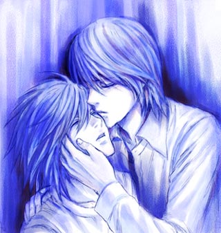 blue death_note eyes_closed l l_(death_note) lowres monochrome yagami_light