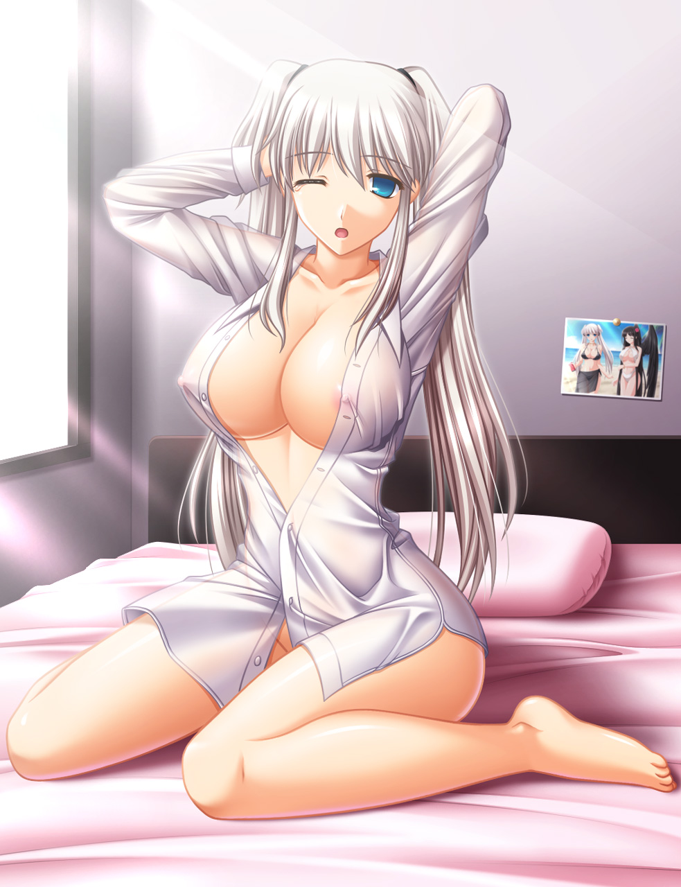 areolae arms_up bed blue_eyes bottomless breasts cleavage covered_nipples dress_shirt highres kafu large_breasts light_rays mabinogi naked_shirt nao_(mabinogi) one_eye_closed open_clothes open_mouth open_shirt photo_(object) pillow see-through shirt solo sunbeam sunlight twintails unbuttoned waking_up white_hair wings yawning
