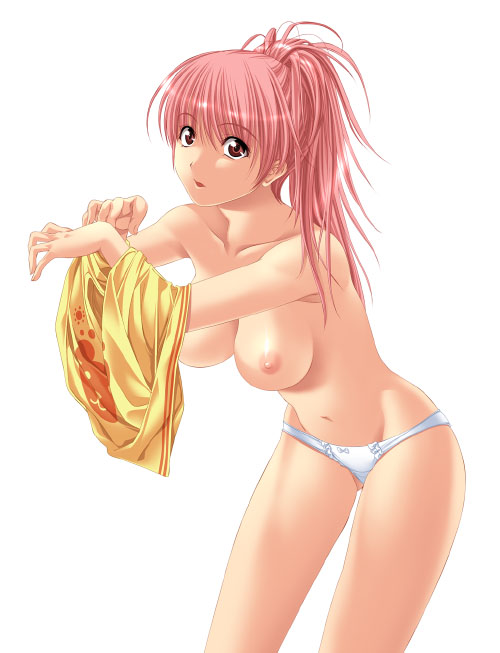 breasts copyright_request large_breasts long_hair maki_aida_factor nipples no_bra panties pink_hair ponytail red_eyes simple_background solo underwear undressing white_background
