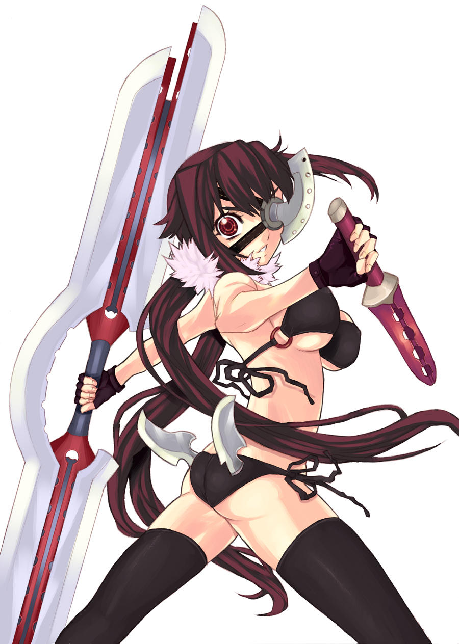 ass bikini breasts copyright_request double-blade fantasy gloves highres large_breasts long_hair nagy red_eyes solo swimsuit sword thighhighs twintails weapon what