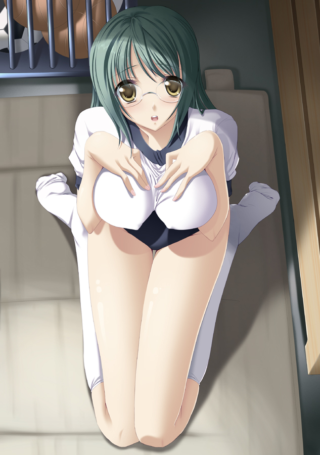 bad_anatomy bad_proportions breast_suppress breasts buruma copyright_request covered_nipples from_above glasses green_hair gym_storeroom gym_uniform kneehighs large_breasts legs long_legs looking_up nakano_sora open_mouth sitting skindentation solo thighs wariza white_legwear yellow_eyes