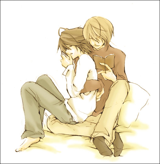 barefoot black_hair book brown_hair death_note footwear hug l l_(death_note) pillow reading sitting socks yagami_light