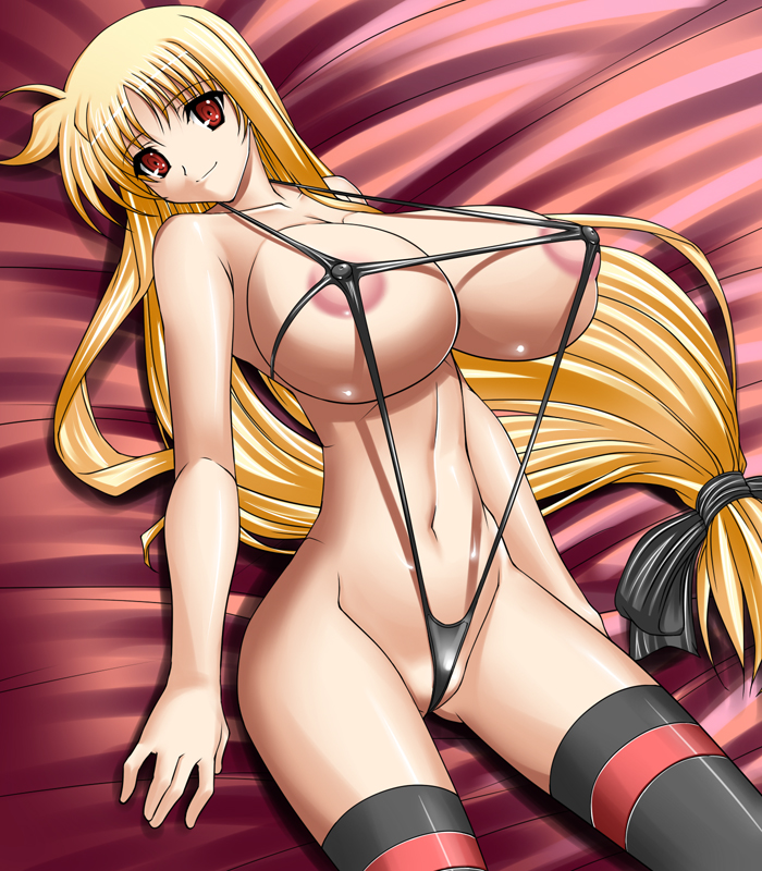 ahoge areola_slip areolae bed black_legwear blonde_hair bow breasts covered_nipples fate_testarossa from_above groin hair_bow hajime_shindo huge_breasts long_hair low-tied_long_hair lying lyrical_nanoha mahou_shoujo_lyrical_nanoha_strikers on_back partially_visible_vulva ponytail red_eyes slingshot_swimsuit smile solo swimsuit thighhighs very_long_hair