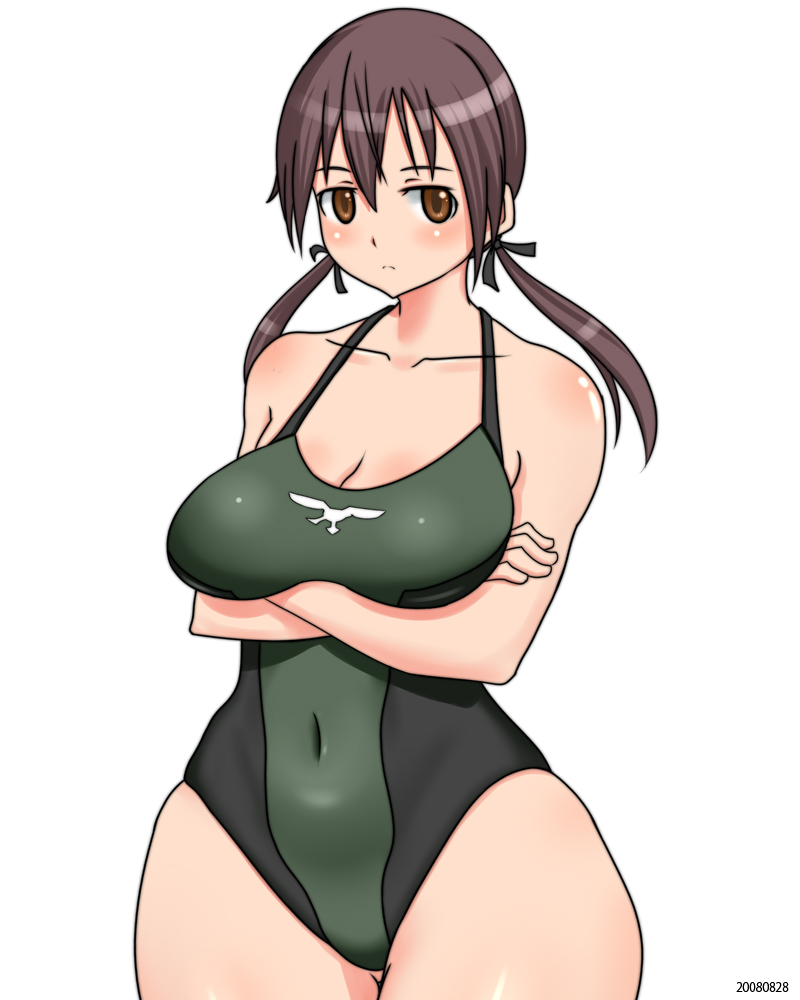 breast_rest breasts brown_eyes brown_hair curvy gertrud_barkhorn large_breasts monmonism one-piece_swimsuit plump solo strike_witches swimsuit twintails wide_hips world_witches_series