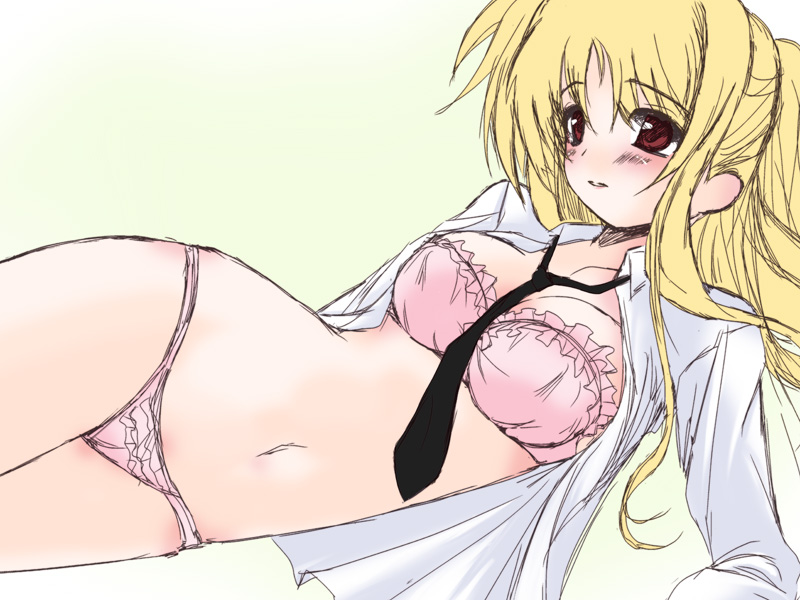 blonde_hair blush bra brown_eyes dress_shirt fate_testarossa frapowa lingerie long_hair lyrical_nanoha mahou_shoujo_lyrical_nanoha_strikers necktie open_clothes open_shirt panties pink_panties ponytail red_eyes shirt sketch solo underwear