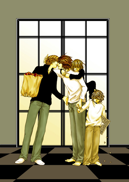 4boys death_note family indoors kiss l l_(death_note) male_focus mello multiple_boys near yagami_light yaoi