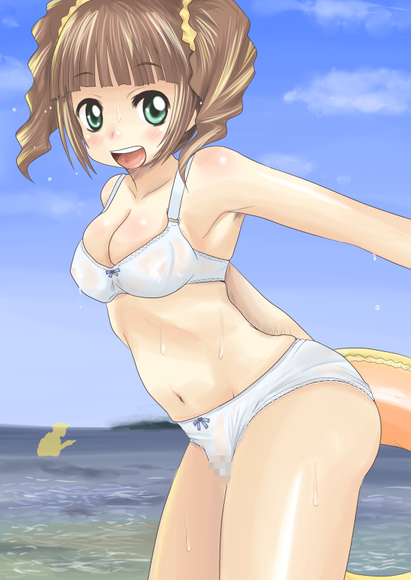 bra brown_hair censored green_eyes idolmaster idolmaster_(classic) idolmaster_live_for_you! innertube lingerie non-web_source open_mouth panties see-through solo takatsuki_yayoi twintails underwear underwear_only wet