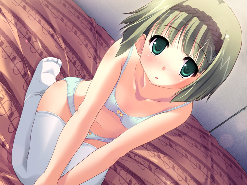 :o blush bow bow_bra bow_panties bra collarbone dutch_angle feet flat_chest game_cg green_bra green_eyes green_hair green_panties hairband harukazedori_ni_tomarigi_wo lingerie looking_up navel non-web_source open_mouth panties seiza short_hair sitting solo thighhighs tougarashi_hideyu tsurugi_hagane underwear underwear_only urashima_kanome v_arms white_legwear