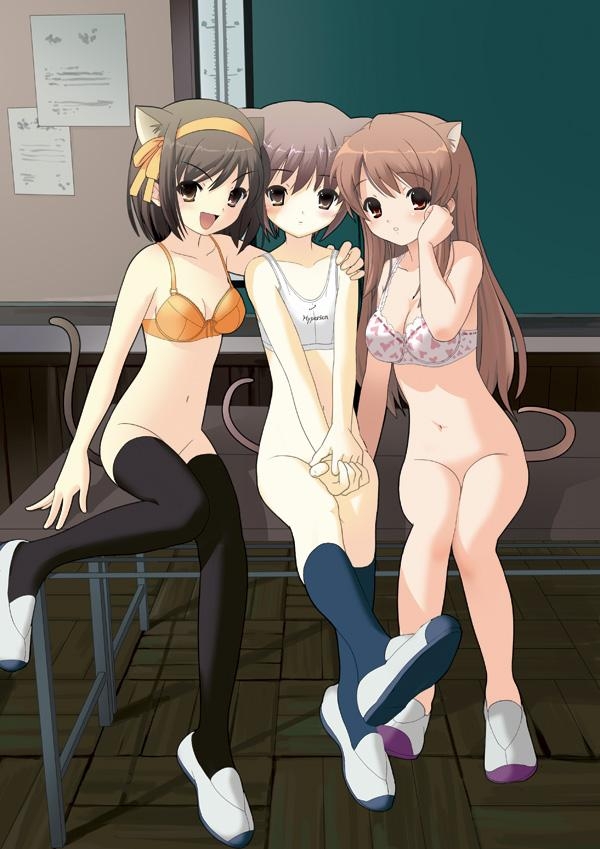 3girls animal_ears asahina_mikuru bra cat_ears catgirl classroom lingerie multiple_girls nagato_yuki no_panties suzumiya_haruhi suzumiya_haruhi_no_yuuutsu thighhighs underwear