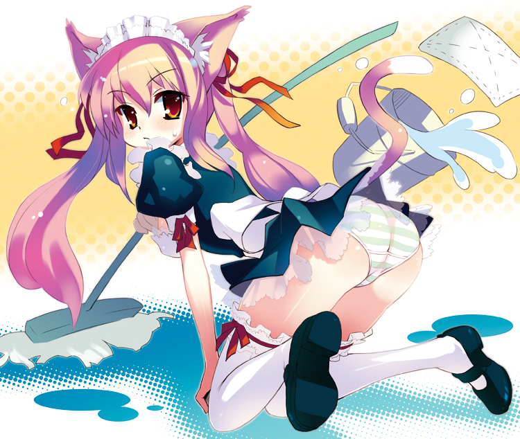 animal_ears ass bent_over bucket bucket_spill cat_ears cat_tail cleaning kneeling long_hair maid mop original oryou panties pink_hair red_eyes solo spill striped striped_panties tail thighhighs twintails underwear