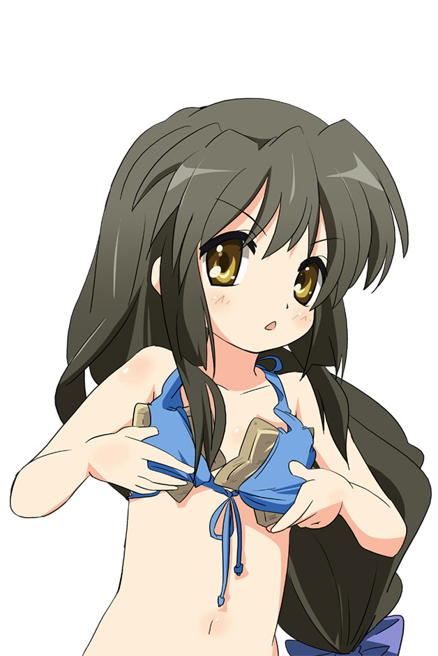 ayastyle bare_shoulders bikini blush breast_padding brown_eyes clannad flat_chest ibuki_fuuko ixy long_hair looking_at_viewer navel simple_background solo starfish swimsuit you're_doing_it_wrong