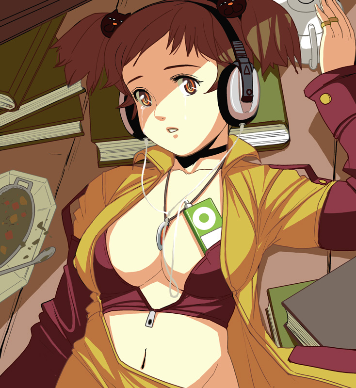 bad_id bad_pixiv_id between_breasts book breasts brown_hair cleavage collar copyright_request digital_media_player food headphones ipod jewelry lying masao medium_breasts midriff navel open_clothes open_shirt orange_eyes pendant ring shirt short_hair solo tears twintails upper_body