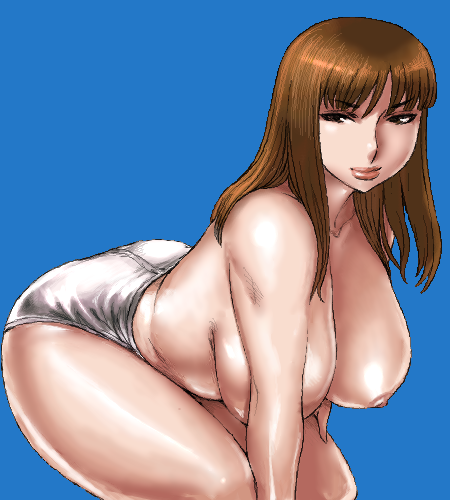 bent_over blue_background breasts brown_eyes brown_hair copyright_request curvy large_breasts lips long_hair lowres matoyama oekaki panties plump solo thick_thighs thighs topless underwear