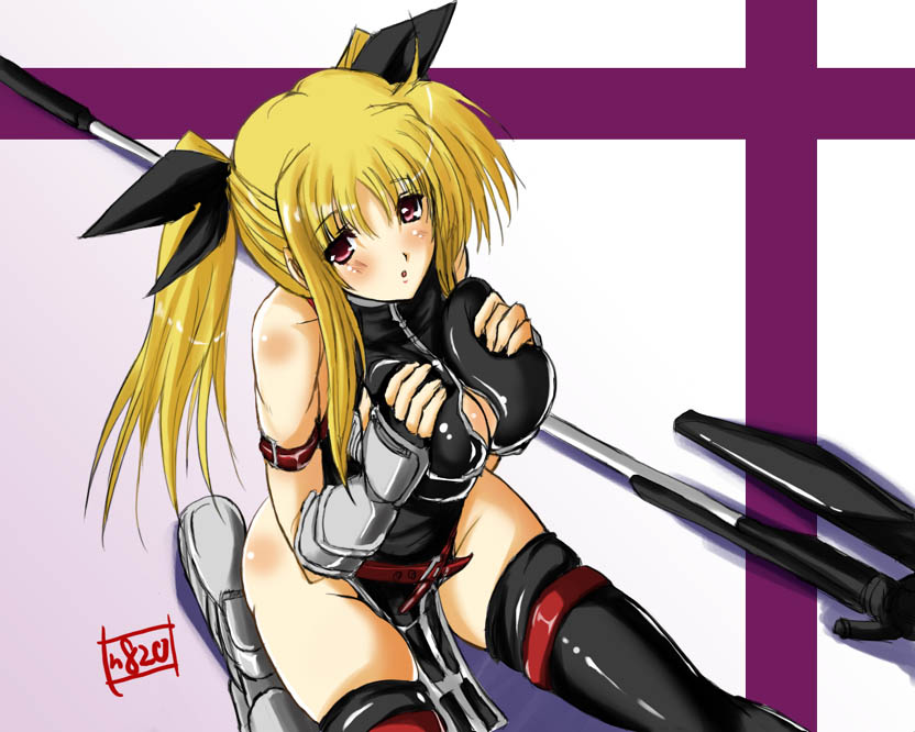bardiche blonde_hair breast_squeeze breasts fate_testarossa large_breasts lyrical_nanoha mahou_shoujo_lyrical_nanoha_strikers n820 solo thighhighs