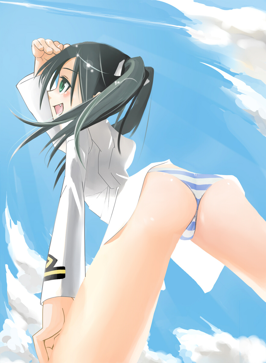 ass bad_id bad_pixiv_id black_hair fang francesca_lucchini green_eyes highres korino panties solo strike_witches striped striped_panties twintails underwear world_witches_series