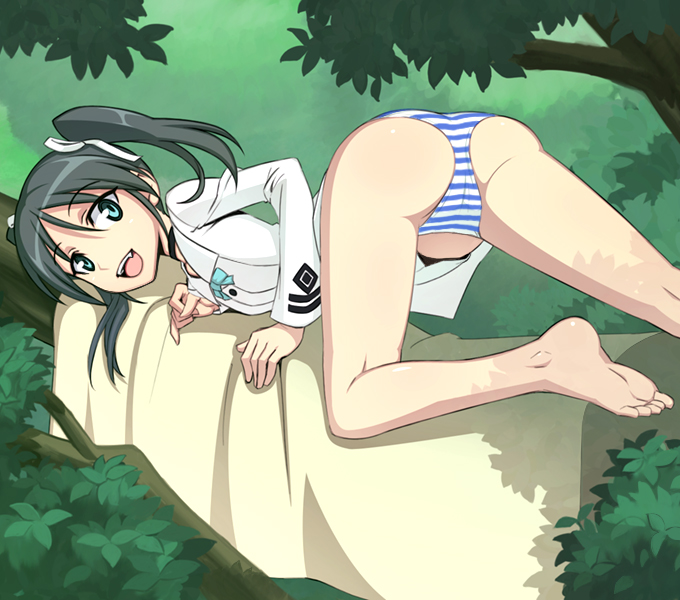 :d ass barefoot black_hair caryo fang feet francesca_lucchini green_eyes hair_ribbon long_legs nanashino open_mouth panties ribbon smile soles solo strike_witches striped striped_panties toes top-down_bottom-up tree twintails underwear world_witches_series