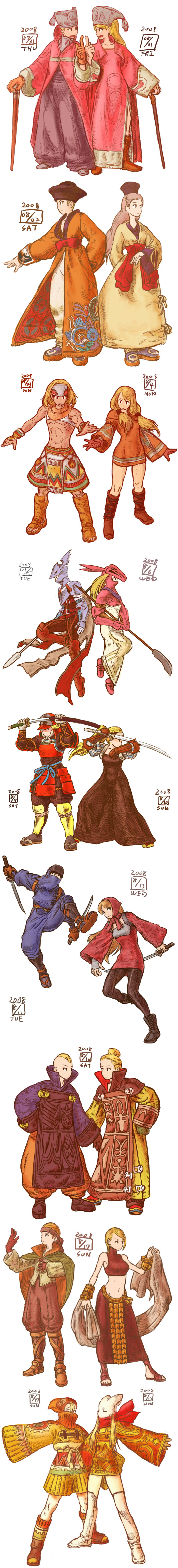 6+girls absurdres arithmetician_(fft) armor bard_(fft) bare_shoulders blonde_hair breastplate brown_gloves collarbone dancer_(fft) dated dragoon dragoon_(fft) dress final_fantasy final_fantasy_tactics full_armor full_body gauntlets geomancer_(fft) gloves helmet highres ikeda_(cpt) long_hair long_image looking_afar midriff mime_(fft) multiple_boys multiple_girls muscle mystic_(fft) navel ninja_(fft) orator_(fft) outstretched_arm pink_hair red_dress robe samurai_(fft) simple_background spread_fingers standing stomach tall_image tassel walking_stick white_background