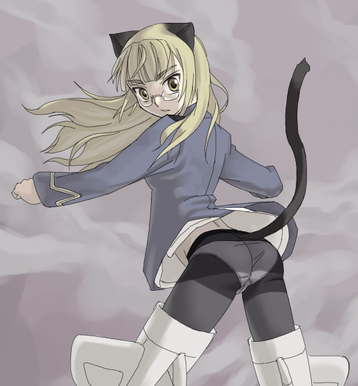 animal_ears ass blonde_hair crotch_seam glasses long_hair panties panties_under_pantyhose pantyhose perrine_h_clostermann solo strike_witches striker_unit tail underwear world_witches_series yellow_eyes you2