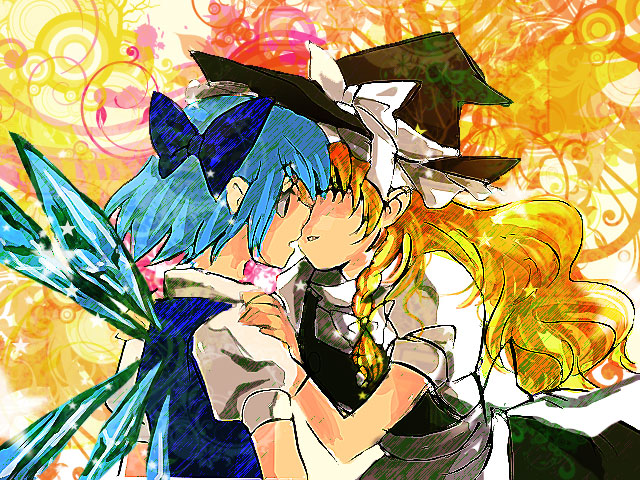 bad_id bad_pixiv_id blonde_hair cirno imminent_kiss kirisame_marisa multiple_girls touhou yuri