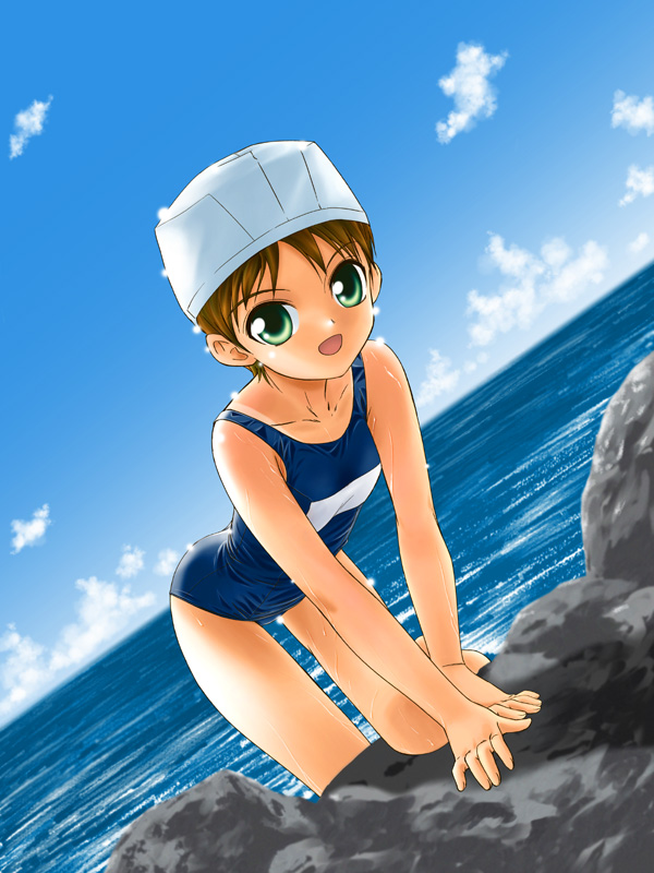 all_fours blue_sky blue_swimsuit cloud day dutch_angle green_eyes horizon kotomi_youji looking_at_viewer one-piece_swimsuit open_mouth original outdoors school_swimsuit sky solo swimsuit water
