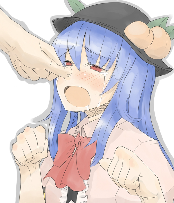blue_eyes blue_hair blush crying crying_with_eyes_open food fruit hat hinanawi_tenshi long_hair peach red_eyes solo tears touhou