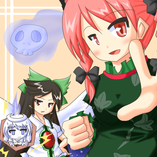 animal_ears arm_cannon black_hair blush braid brown_eyes cat_ears cat_tail eyes ghost kaenbyou_rin multiple_girls red_eyes red_hair reiuji_utsuho ribbon tail touhou twintails urushi weapon wings zombie_fairy