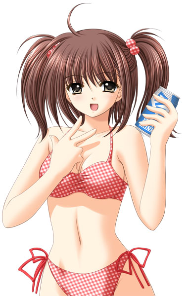 :d ahoge bikini breasts brown_eyes brown_hair can clover_(game_cg) hair_bobbles hair_ornament holding holding_can looking_at_viewer medium_breasts navel nishimata_aoi open_mouth plaid plaid_bikini red_bikini side-tie_bikini simple_background smile soda_can solo swimsuit twintails white_background