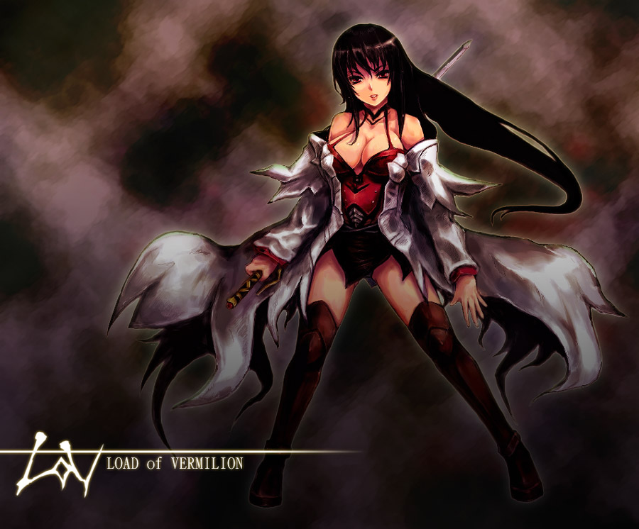 black_hair breasts cleavage engrish kara_(color) large_breasts long_hair lord_of_vermilion off_shoulder ranguage red_eyes rishia solo sword thighhighs weapon zettai_ryouiki