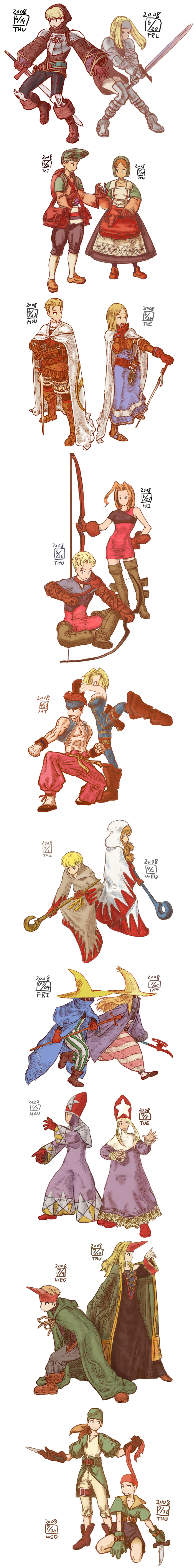 6+girls absurdres archer_(fft) black_mage black_mage_(fft) blonde_hair chemist_(fft) comic dress final_fantasy final_fantasy_tactics highres holding holding_sword holding_weapon ikeda_(cpt) knight_(fft) long_image looking_at_viewer monk_(fft) multiple_boys multiple_girls red_dress simple_background squire_(fft) standing summoner_(fft) sword tall_image thief_(fft) time_mage time_mage_(fft) weapon white_background white_mage white_mage_(fft)