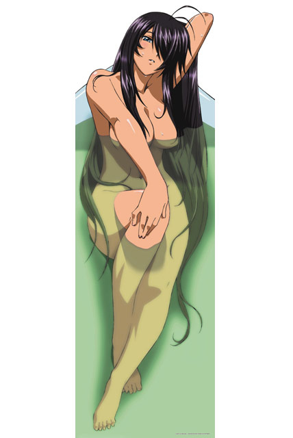 barefoot bathtub black_hair blue_eyes breasts cleavage hair_over_one_eye hand_in_hair ikkitousen kan'u_unchou large_breasts long_hair looking_at_viewer navel nude partially_submerged simple_background sitting solo very_long_hair white_background