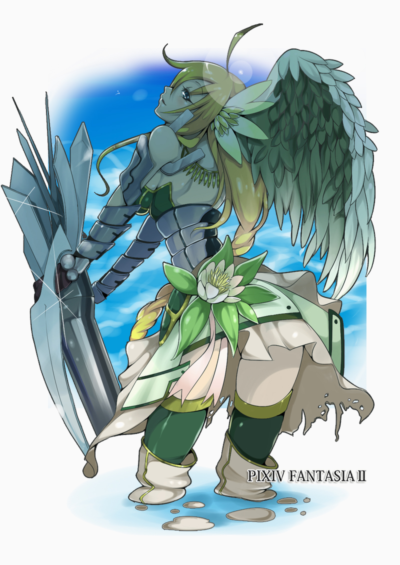 akishima_kei angel_wings armor armored_dress bad_id bad_pixiv_id blonde_hair fantasy flower long_hair pixiv_fantasia pixiv_fantasia_2 thighhighs valkyrie wings