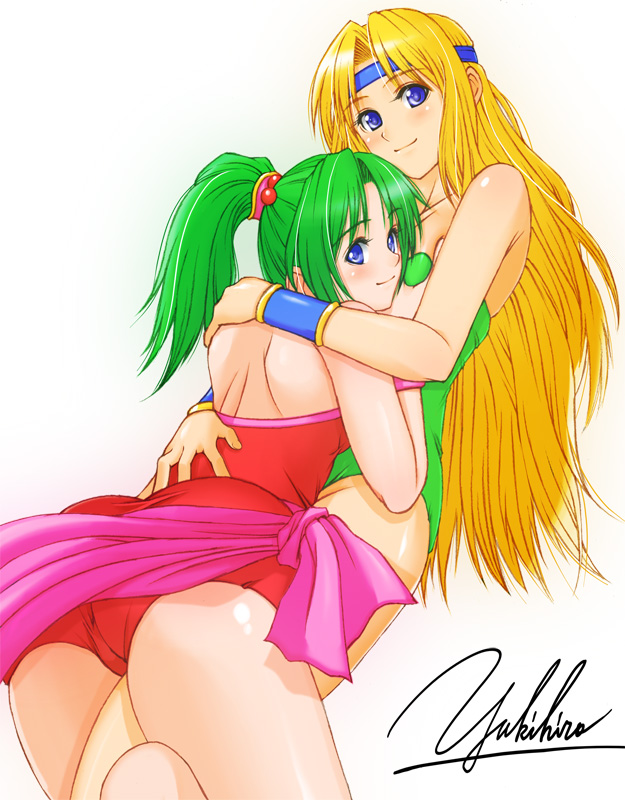 adapted_costume ass back bad_id bad_pixiv_id bangs bare_shoulders barefoot blonde_hair blue_eyes blush breast_grab breasts celes_chere final_fantasy final_fantasy_vi from_side grabbing green_hair green_leotard groin hair_bobbles hair_ornament hand_on_another's_back hand_on_another's_shoulder headband high_ponytail hug leotard light_smile long_hair looking_at_viewer looking_back multiple_girls parted_bangs pink_sarong ponytail red_leotard sarong signature small_breasts straddling strapless strapless_leotard taut_clothes thigh_straddling thighs tina_branford vambraces very_long_hair wristband yukihiro yuri