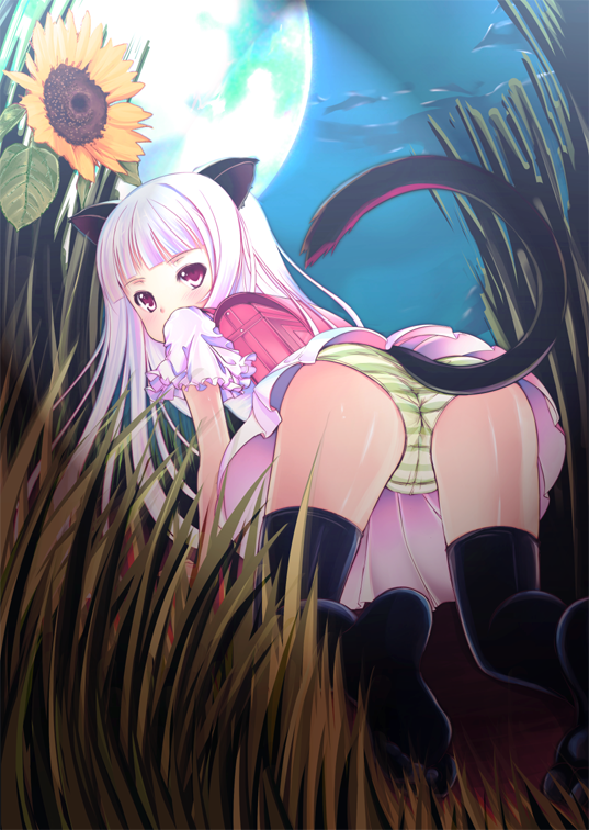 all_fours animal_ears ass backpack bad_id bad_pixiv_id bag bent_over black_legwear blush butt_crack cat_ears cat_tail copyright_request green_panties looking_back panties purple_skirt randoseru silver_hair skirt solo striped striped_panties tail thighhighs thighs underwear yako