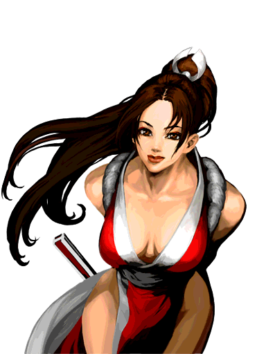breasts brown_eyes brown_hair cleavage japanese_clothes large_breasts leaning_forward long_hair shiranui_mai smile solo the_king_of_fighters