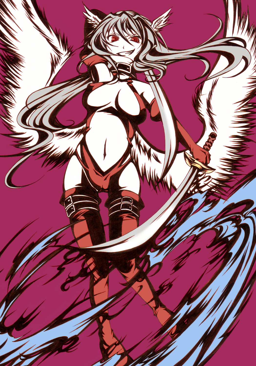 angel_wings boots breasts cameltoe cleavage elbow_gloves feathers final_fantasy final_fantasy_tactics gloves hal_(goshujinomocha) head_wings highres katana large_breasts leotard long_hair red_eyes red_leotard silver_hair solo sword thigh_boots thighhighs ultima_(fft) weapon wings