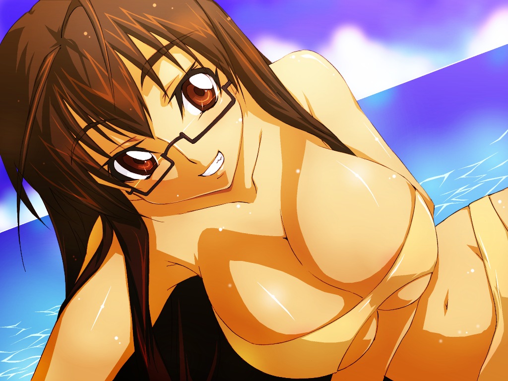 bikini breasts brown_eyes brown_hair cleavage day dutch_angle glasses haruka_shiya large_breasts long_hair mahou_sensei_negima! navel saotome_haruna smile solo swimsuit underboob water