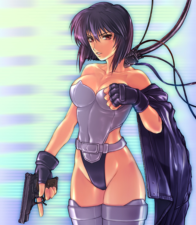 bare_shoulders belt breasts cable cleavage collarbone cyborg fingerless_gloves ghost_in_the_shell ghost_in_the_shell_stand_alone_complex gloves groin gun handgun highleg highleg_leotard jacket kusanagi_motoko leotard medium_breasts purple_hair short_hair solo thighhighs weapon yoko_juusuke