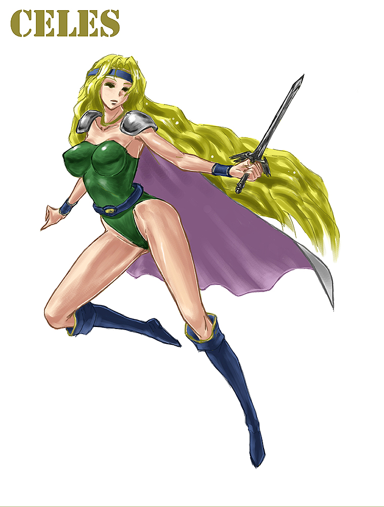 alltime bad_id bad_pixiv_id blonde_hair boots breasts cape celes_chere character_name final_fantasy final_fantasy_vi green_leotard headband large_breasts leotard long_hair solo sword very_long_hair weapon